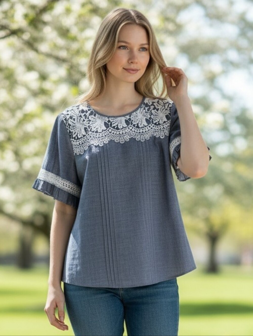 Karl Lagerfeld Cotton Blue Chambray Lace-Yoke Short Sleeve Blouse